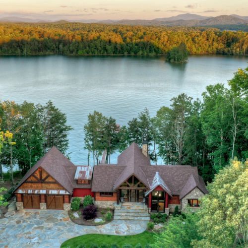 House on Nottely Lake from above with Lake behind house